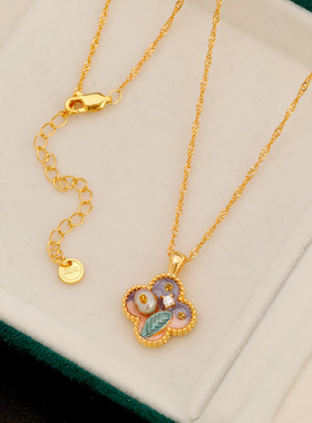 油画风珐琅四叶草项链女 气质精致简约独特设计锁骨链时尚毛衣链