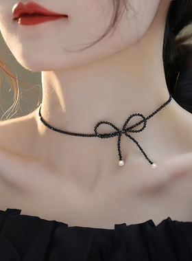 礼服小黑裙蝴蝶结珍珠项链气质复古小众饰品颈链ins锁骨链高冷女