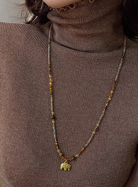 咖色小米珠小象串珠虎眼石项链轻奢小众气质长款时尚冷淡风毛衣链