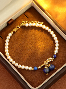 原创设计优化青金石手链时尚轻奢天施家奶油白珍珠手串送闺蜜