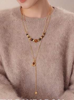 精致感虎眼石叠戴加长毛衣链