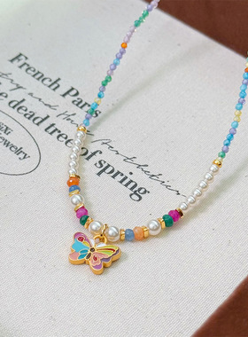 春夏新款多巴胺彩色滴油蝴蝶结锆石珠项链轻奢小众百搭串珠锁骨链