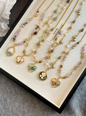 necklace中古风油画淡水珍珠串珠项链轻奢小众项链不掉色锁骨链