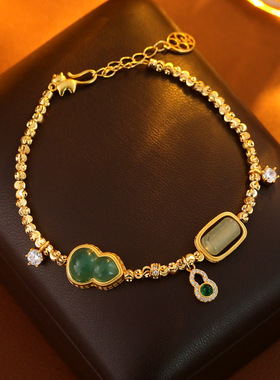 国风新中式招财葫芦手链祖母绿玉髓玛瑙手串古钱币碎金手饰送礼