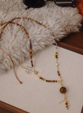 天然虎眼石复古串珠毛衣链女