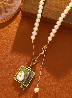 油画文艺施家珍珠项链女小众高级感中式复古吊坠毛衣链锁骨颈链