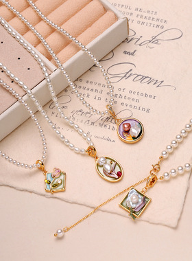 油画项链中古风珍珠链莫奈花园吊坠项链女高级感轻奢小众毛衣链