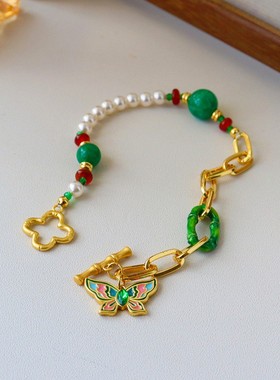 复古精致滴油蝴蝶四叶草施家珍珠手链串珠轻奢小众感ot扣手饰