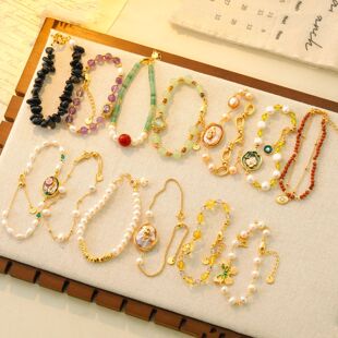 国潮新中式玛瑙绿松手链中古巴洛克油画风淡水珍珠手镯多巴胺手饰