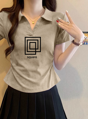 美式复古紫色扎染polo领正肩显白短袖T恤女夏季修身收腰褶皱上衣