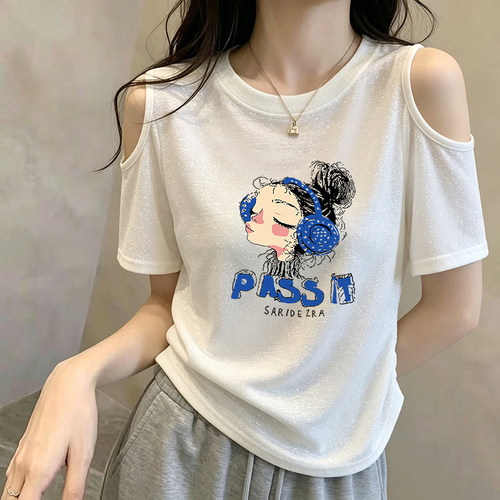 清凉薄款夏季宽松韩版短袖露肩设计上衣T恤显瘦胖MM大码圆领女装