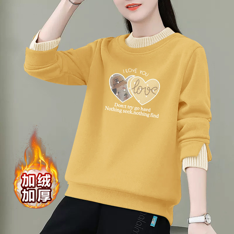2025年加绒加厚女款上衣宽松假两件宽松显瘦洋气百搭保暖卫衣