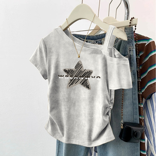 扎染设计感印花斜领拼接吊带露肩高级百搭收腰打底短袖 女 T恤衫