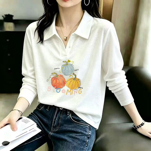 白色翻领长袖t恤女夏季雪花棉薄款2026年新款韩系宽松休闲上衣
