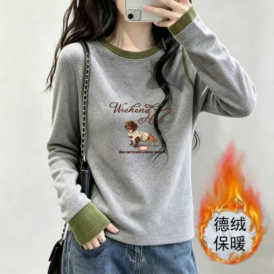德绒保暖t恤女春季新款圆领拼接内搭长袖打底衫时尚宽松洋气上衣