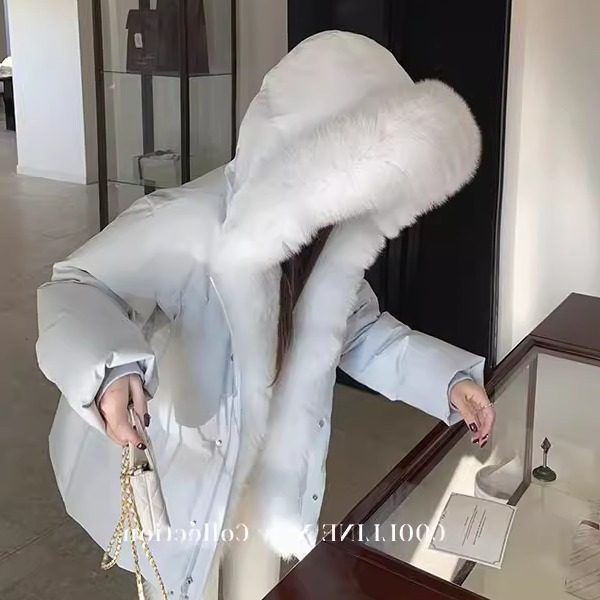 大牌同款神妹冰蓝色大狐狸毛领羽绒服女连帽90国标白鸭绒加厚外套