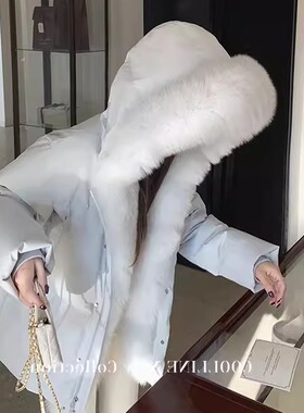 大牌同款神妹冰蓝色大狐狸毛领羽绒服女连帽90国标白鸭绒加厚外套