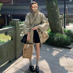 卡其色立领插件袖短中长款款风衣女2024年新款设计感商务休闲上衣