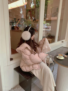 粉色时尚连帽短款羽绒服女冬季新款韩系宽松小个子白鸭绒加厚外套