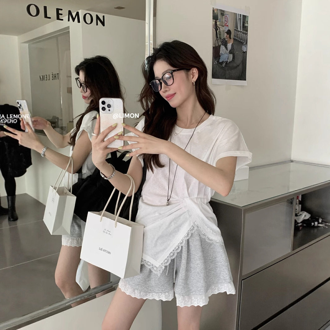 清仓不退换柠檬绿茶夏季设计感开叉显瘦蕾丝拼接收腰短袖T恤女上