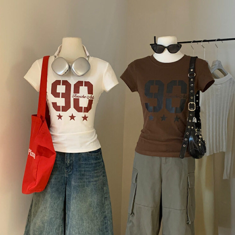 清仓不退换夏季美式撞色拼接字母正肩修身辣妹上衣短袖T恤女W5385