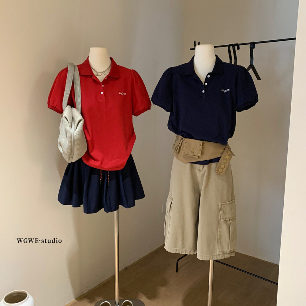 清仓不退换韩系简约POLO领字母小刺绣百搭泡泡袖上衣POLO衫女T恤W