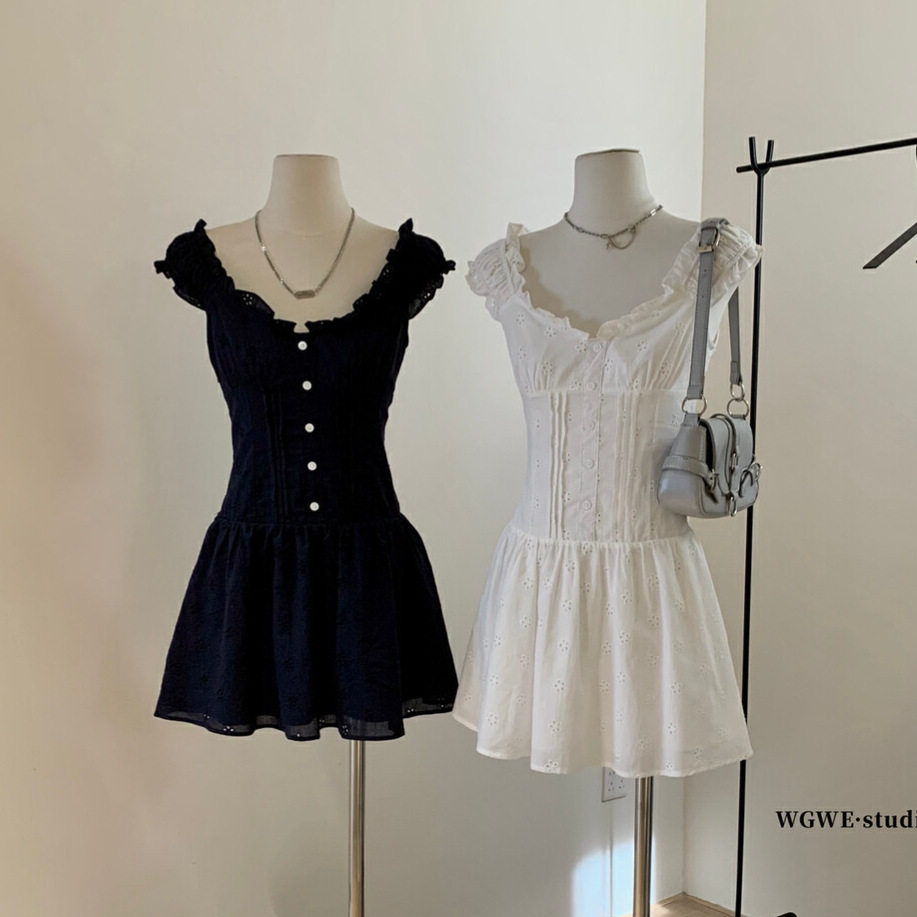 清仓不退换一字肩法式短袖连衣裙夏季修身收腰短裙设计感连衣裙W5