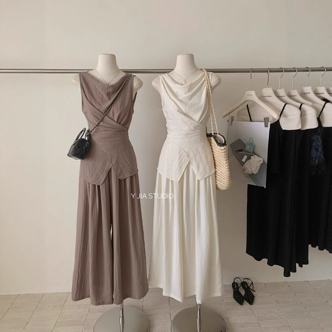 清仓不退换呼吸麻感背心绑带上衣+松紧腰宽松休闲裤裙套装女5833