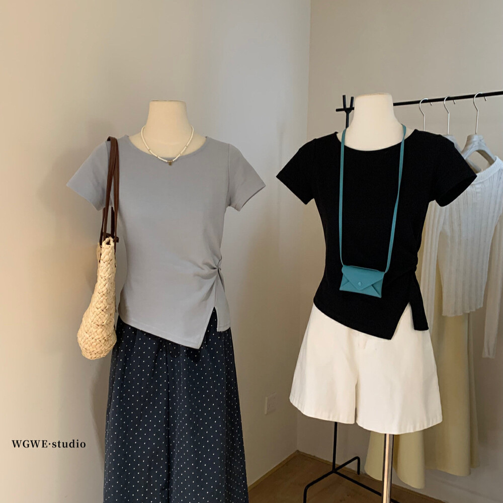 清仓不退换夏季圆领不规则设计感扭结收腰短袖T恤休闲上衣女W5757