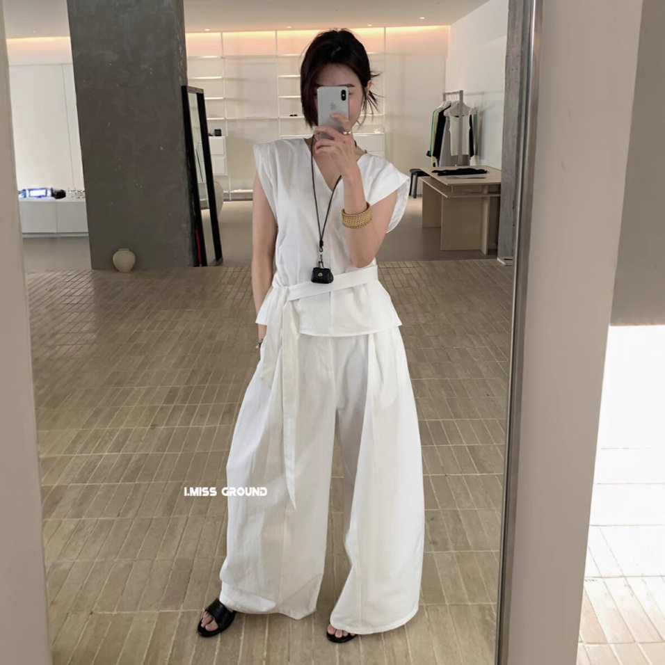 清仓不退换2025夏气质复古V领绑带无袖衬衫女+高腰显瘦阔腿裤套装