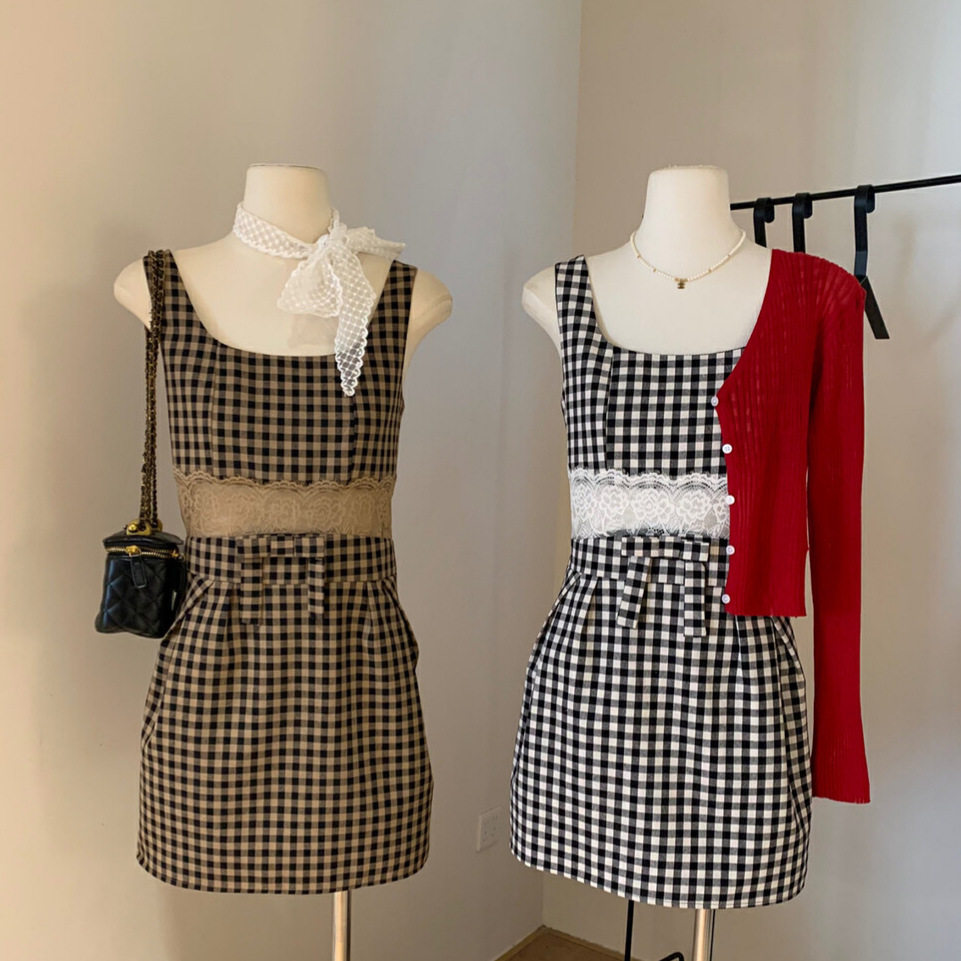 清仓不退换简约设计感格子短裙夏小个子修身显瘦百搭连衣裙W6189