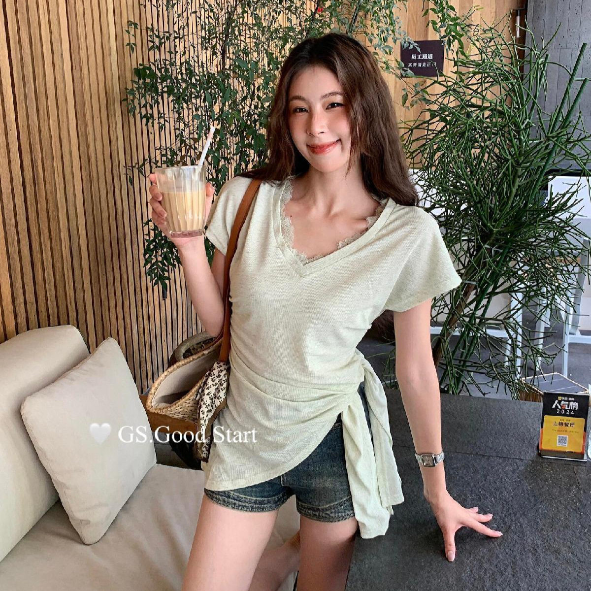 清仓不退换 法式气质蕾丝V领收腰针织短袖T恤女夏季纯欲百搭上衣