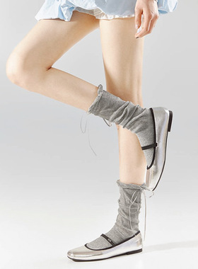 灰色泡泡边小腿袜芭蕾风夏季薄款花边丝带蝴蝶结日系jk堆堆袜女袜