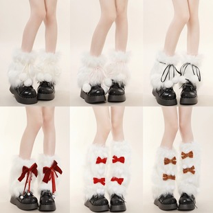 秋冬雪地靴毛毛袜套y2k千禧凤辣妹毛绒腿套亚文化蝴蝶结保暖袜套