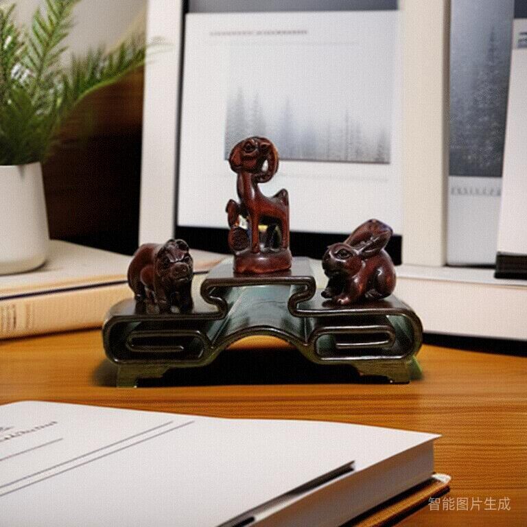 客厅雕刻桃木亥卯未三合贵人摆件木雕