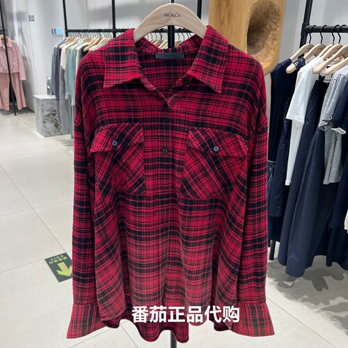 MOCO衬衫苏格兰红黑格纹流苏毛边棉质上衣复古摩安珂MBE3HTK01