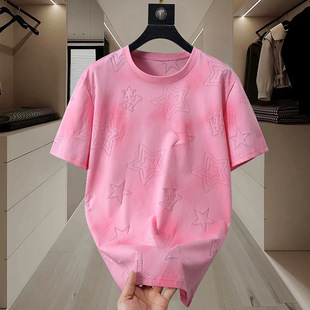 闷骚粉色胖子镂空短袖T恤男加肥大码透气宽松半袖上衣特大号300斤