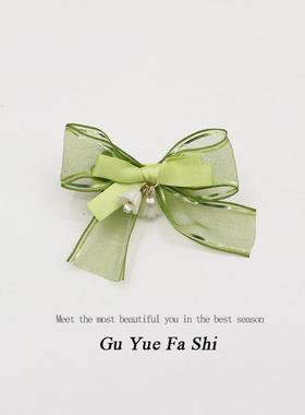 网红2025年春季新款绿色欧根纱蝴蝶结边夹铃兰花夹子头饰发夹发卡