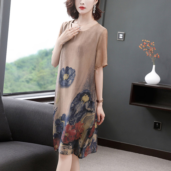 2021 Vintage printed round neck ice silk imitation loose casual 5 / s mid long summer slim dress women's wear