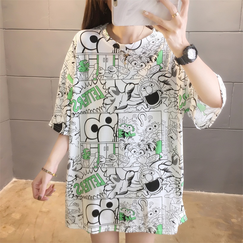 Net red super fire short sleeve spring and summer mid length T-shirt women's Korean loose cartoon top fashion