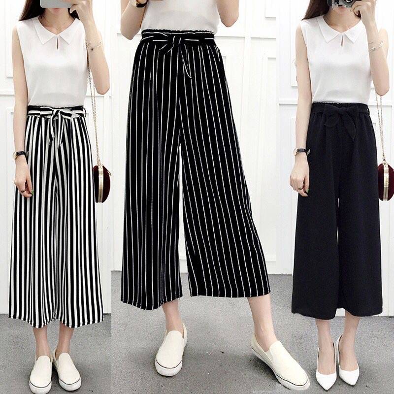 2021 new Korean versatile wide leg pants stripe spring and summer Capris straight large loose women's pants elastic pants