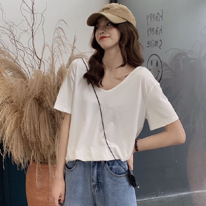 Official figure White V-Neck T-shirt women's fashion short sleeve 2020 summer new Korean version