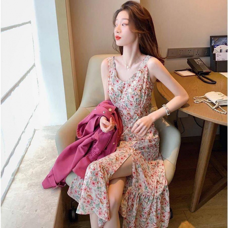 Side split French floral sling fairy new Korean retro chiffon collar dress
