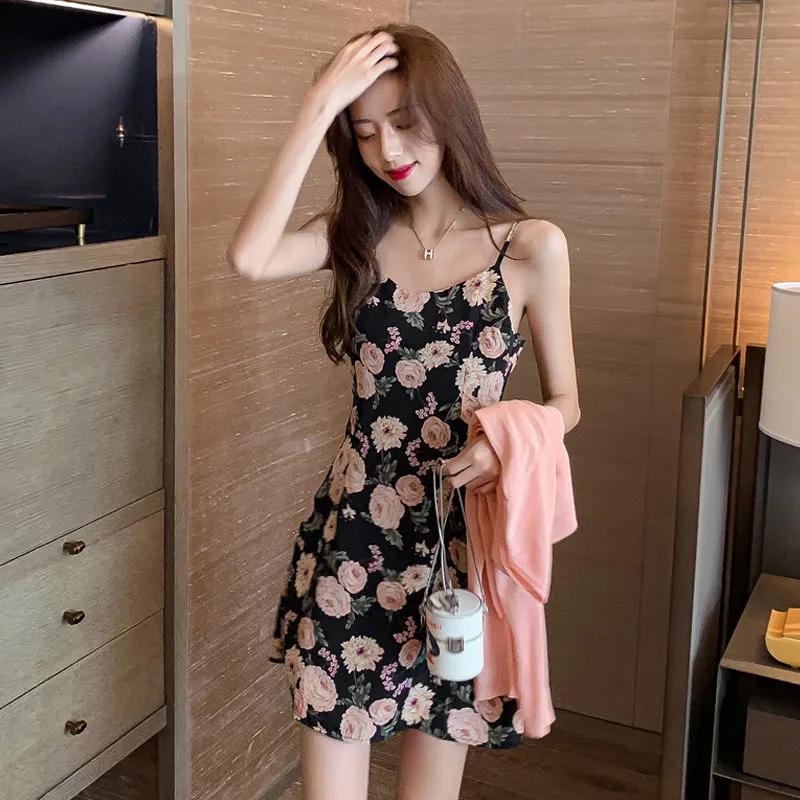 French Mini floral dress new summer suspender dress early spring tea break dress spring dress large women's dress