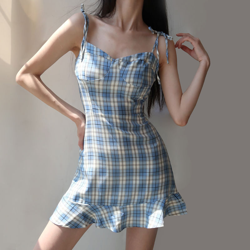 New Retro Blue Plaid fishtail dress French dress high waist Pleated Dress