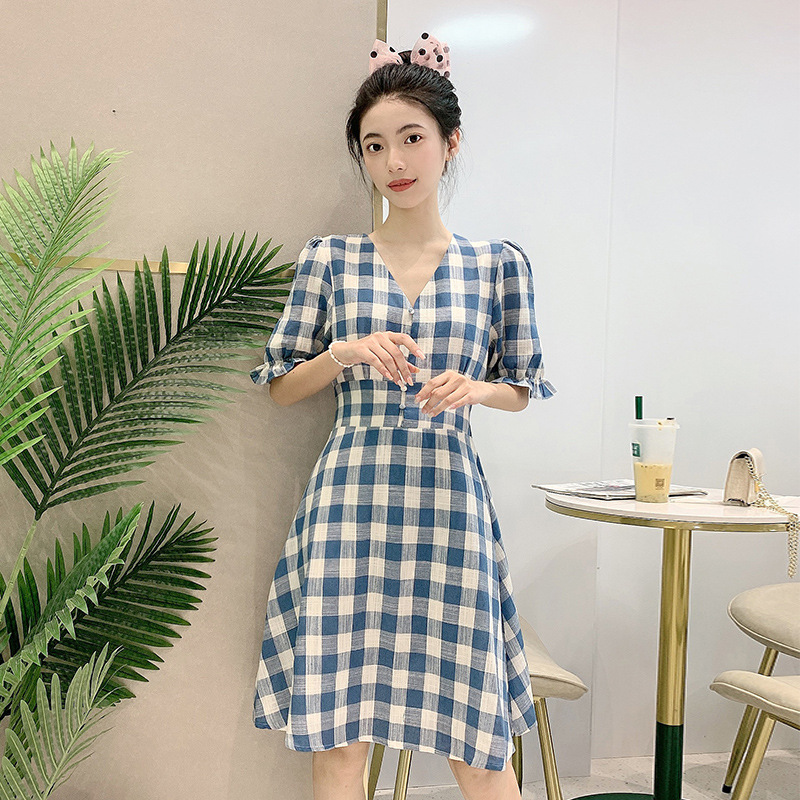 French gentle wind, waist, thin and thin, salt, sweet, small, fresh, Plaid Dress.