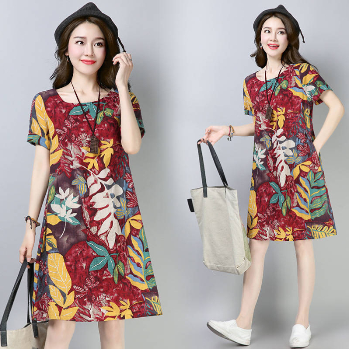 Large size women's national style fashion short sleeve dress fat increase retro loose age reducing medium length skirt covering crotch