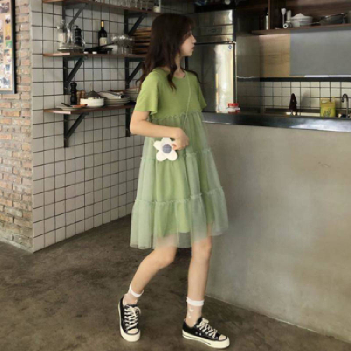 Summer new loose small fresh sweet mesh splicing very fairy temperament short sleeve cake dress girl