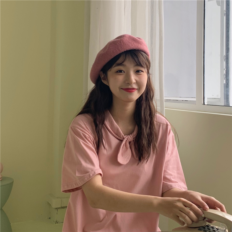 Summer short sleeve T-shirt cotton cute bow blouse loose short sleeve T-shirt