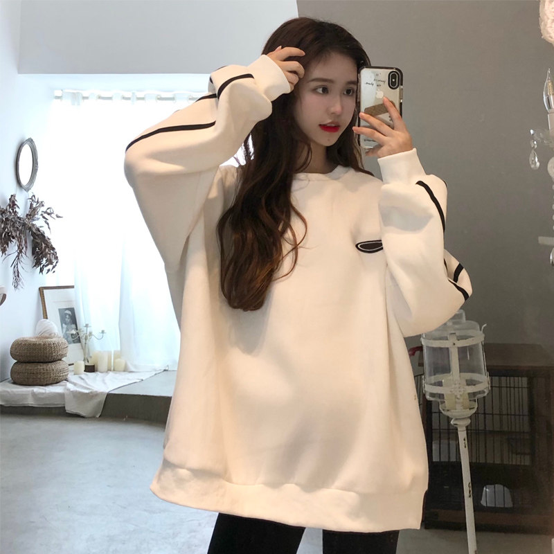WHITE MID-LENGTH BUTTOCKS SWEATSHIRT WOMENS 2024 NEW POPULAR LOOSE ROUND NECK SPRING AUTUMN AND WINTER FLEECE THICKENED JACKET